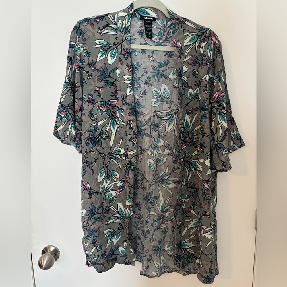 Olsen Floral Open-Front Shirt Kimono Cardigan - Gray